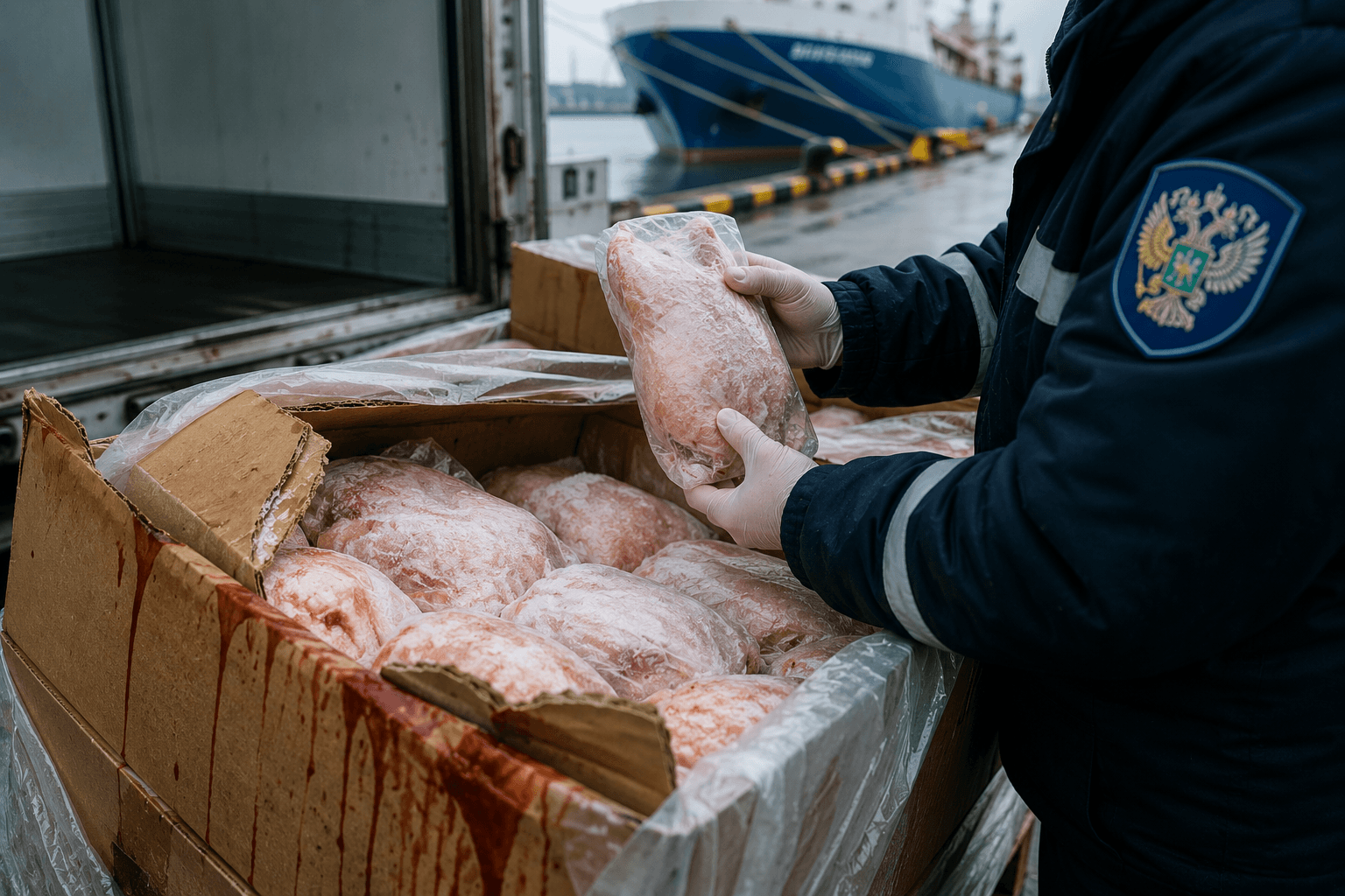 Кровавые подтёки и порванные коробки: 27,5 тонны курицы не пустили в Калининград